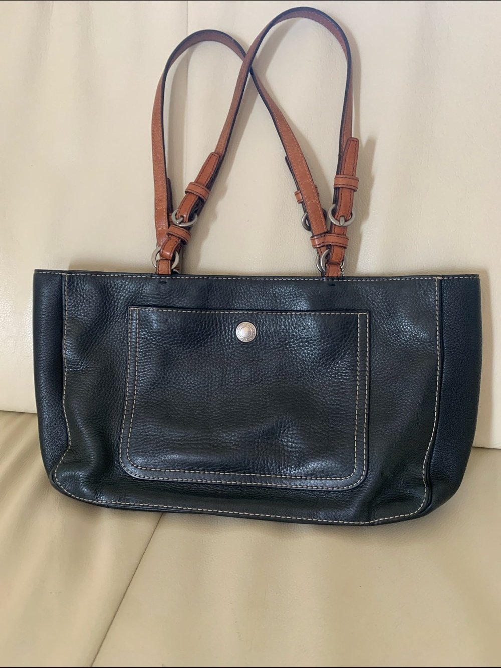 Coach Classic Black Leather Tote with Brown Straps